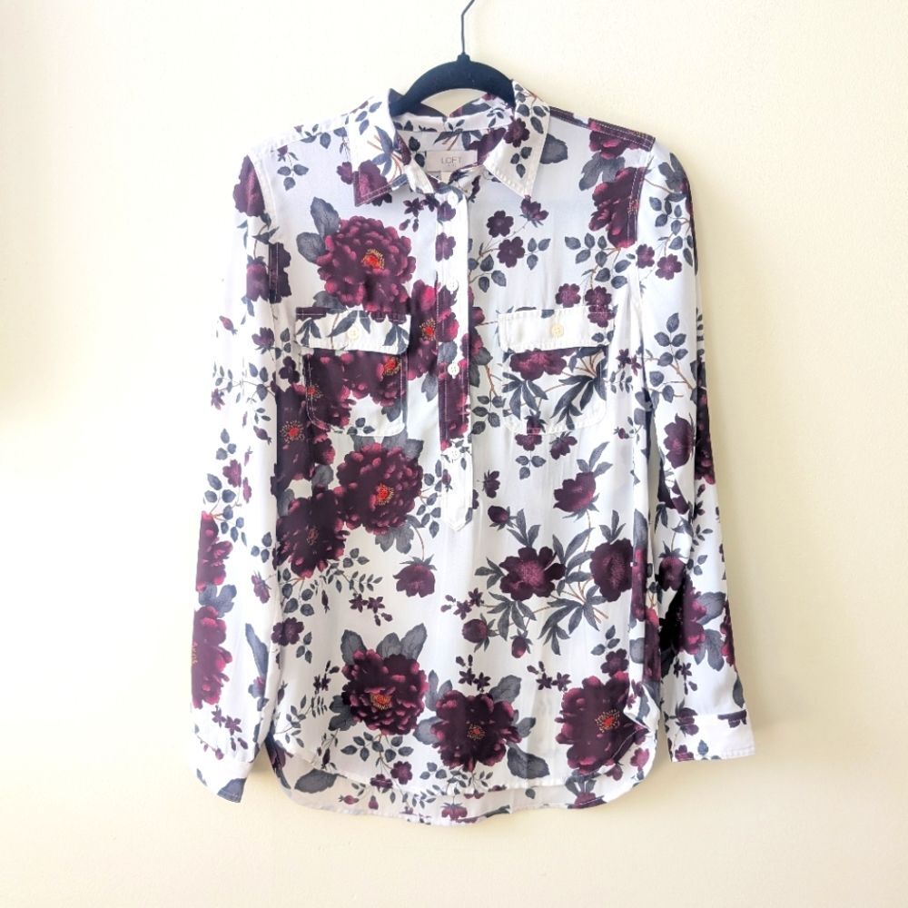 Loft Women's Long Sleeve Roll Tab Popover Blouse Floral Semi Sheer Size Small
